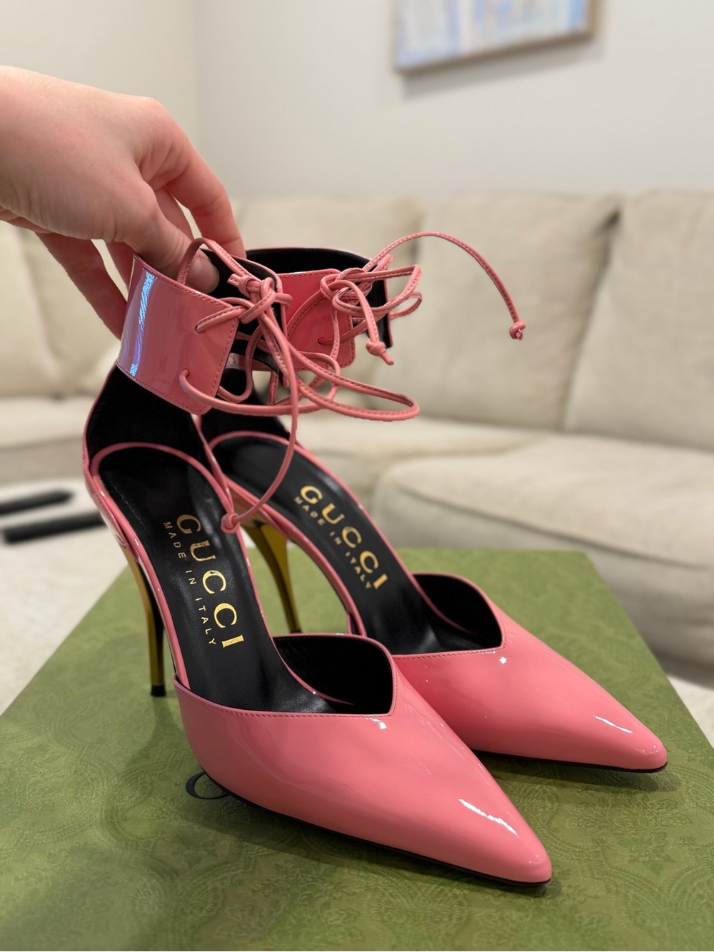Gucci Women’s Pink Priscilla Ankle Cuff Patent Leather Heels Size 37